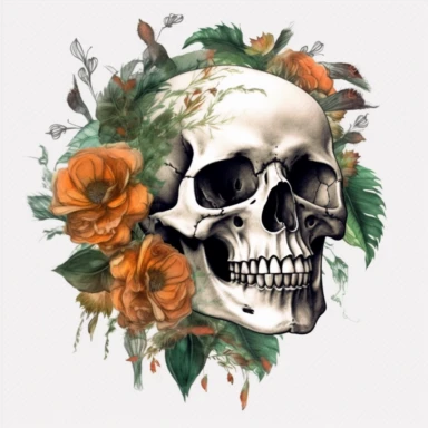 Clipart, flower marsh green skull, feather, leaves, deep shadows, watercolor, gothic, dark orange and marsh green, vintage style, white background