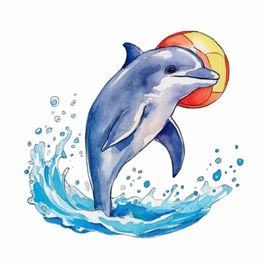 a Dolphin With beach Ball in the style of watercolour clipart with detailed brush strokes