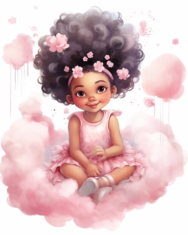 drawing watercolor clipart for a girl nursery of a beautiful latina ballerina with pink flowers in her hair, sitting on a cloud in her pink ballerina clothes smiling, whilst sprinkling pink flowers. 8k.