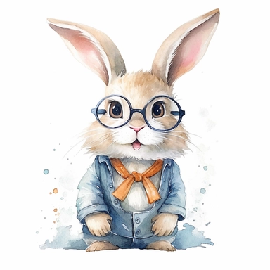 a cute rabbit clipart,unique outfit , different breed , full body , unique pose,wears glasses,have wardobes , white background , watercolors image , no other elements, clean shapes ,center and middle, cute