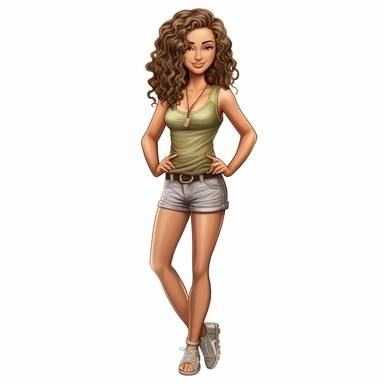 Beautiful white teenage girl with beautiful brown curly mid length hair, dressed casually. Full perspective and, long shot A young white woman with full lips and a big beautiful smile, dressed in khaki shorts and a tank top, has long hair and beautiful shapely legs, wearing heels, clipart in the style of digital airbrushing, feminine sticker art, dollcore, realistic face, realistic body, glamorous,