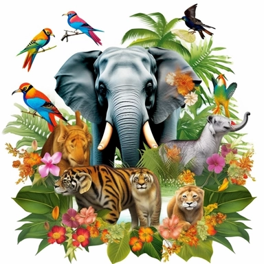 Create clipart featuring Thai wildlife Descriptive Keywords: Elephants, tigers, monkeys, tropical birds, butterflies Style of Photograph: Playful and vibrant and ensure the image is detailed and crisp