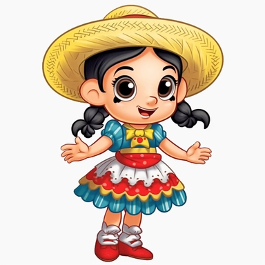 a cute blond little girl dressed for a brazilian junina party, with a blue and yellow flowing dress, braids in her hair, red shoes, happy, Monica's gang style, Graphics Maurício de Sousa, digital art, big eyes, cartoon, clipart , country girl from festa junina from brazil cute drawing white background