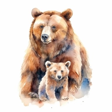 watercolor illustration, grizzly bear with his son, realistic, clipart, high definition, white background