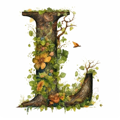 vintage letter L Made Of Tree with vines wrapped around, flowers. moss clings to, illustration clipart, high detailed, white background, digital art
