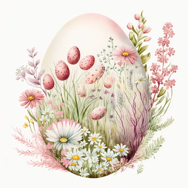 clipart. easter eggs. detailed painted. surrounded by spring flowers and grass. Pink Soft Pastel Watercolour, Happy calm Atmosphere. On the White Background, in the Center of the Image. no caption