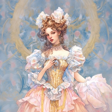 vintage style Detailed light and shadow, 2D outline, A beautifully patterned neo rococo Victorian baroque hyper realistic puffy-sleeved bow-adorned woman in 18th-centrury white gown in varying hues of pale pink, blue and yellow, stunningly beautiful, refined and sophisticated, Hand drawn, cicely mary barker ,realistic watercolor, Clipart, emotionally pleasing watercolor, i can't believe how beatiful this is,accurate detailed line art, white background, intricate detail, clean line art, saturated