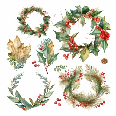 Hand-drawn Christmas wreaths and garlands with holly, berries, pinecones, and other seasonal foliage, watercolor png clipart on a white background