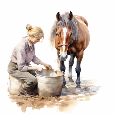 realistic watercolor drawing of a farm woman taking loving care of a pony on a charming farm, on a white background where the background will be removed to repurpose as a clipart.