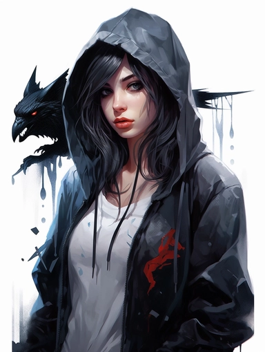 clothing brand logo, Gothic, dragon, Templar, cyberpunk, hooded girl, crow on shoulder, high contrast, white background clipart, clipart png, realistic, digital painting, WHITE BACKGROUND, fantasy style, realistic, painting, watercolor, 8k, ultra details,