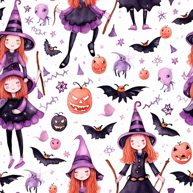ultra beautiful halloween, witch, spider, web, bat clipart, seamless pattern, ornamental pink, black, orange, purple watercolor,
