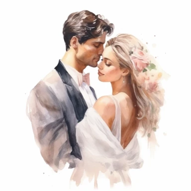 Watercolor drawing of italian dreamy bride and groom couple, romantic wedding watercolor clipart, white background, isolated on white, 8k, watercolor style