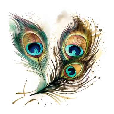 curved hand painting, painted, hand drawn, clipart, of two and three peacock feathers on a white background