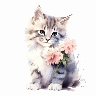Sokoke Cat holding flower, watercolor, sharp illustration clipart, insane detail, white background