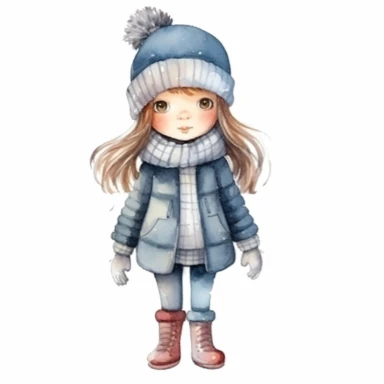 Set of watercolor cute little girl in winter clothes illustration for kids book, white backgroun, clipart, clean and crisp