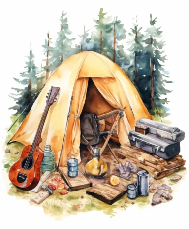 Watercolor painting about camping activities, element, clipart, one by one isolated on tranparent background, no noise, 300 DPI,