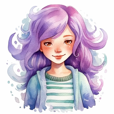 watercolour clipart of a girl with purple hair , she is the catalyst for her group shared common dreams, binding the girls together. She is direct, occasionally sharp-tongued, and highly empathetic. With a heart full of compassion, she never hesitates to lend a helping hand to anyone in need. She`s dedication to their craft is unparalleled, make her smiling, exalted mood, white background, 8k, f1