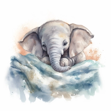 Create a watercolor illustration clipart of a playful cute Baby Elephant Sleeping in bed with a blanket, with its full body visible. Use soft, flowing brushstrokes and a warm, inviting color palette to create an image that is both charming and whimsical. Incorporate intricate details like the motion of Baby Elephant Sleeping in bed with a blanket to create a lifelike, realistic image. Can add other elements to the illustration like related item to play to create playful scene. Use white backgrou