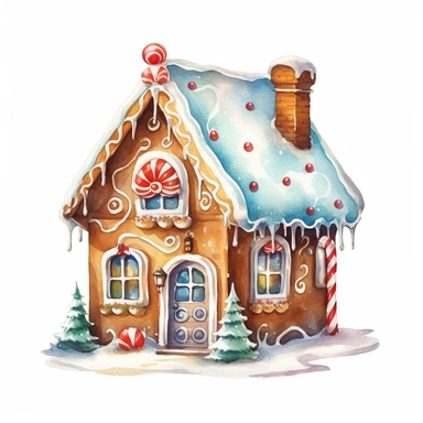 a watercolor nursery gingerbread house cookie illustration clipart, clean background, white background, isolated on white