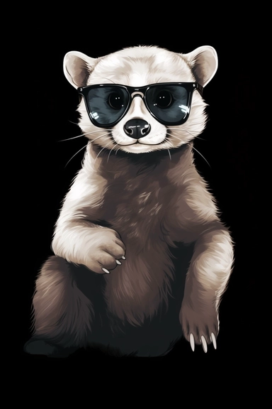 A portrait of a Ferret wearing sunglasses, direct shot standing upright on hind legs, looking very cute and cool, vector illustration, clipart, outlines, portrait, black background