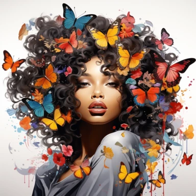 Beautiful black woman beautiful hair lips and eyes long eyelashes, colorful butterflies in hair as clipart on white background
