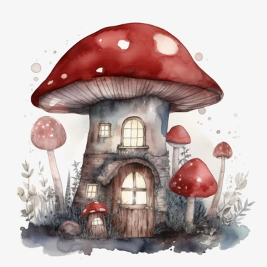 magical chubby mushroom house with lit lamps, under moon light, in styel of watercolor clipart, dominant red, white background, emtremely detailed, 4k