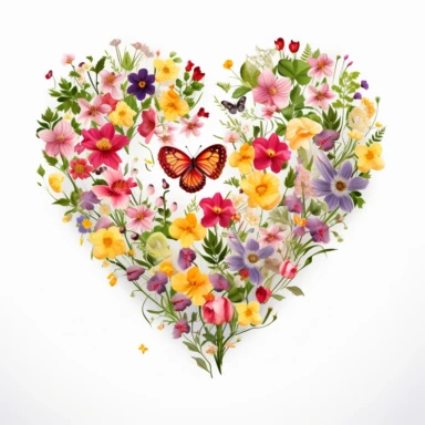 summer flowers clipart, heartshape, love, white background, climbing, spreading,