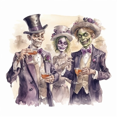 watercolor clip art of zombies dressed as business men and women at a halloween party drinking goolish cocktails, style jean baptiste monge