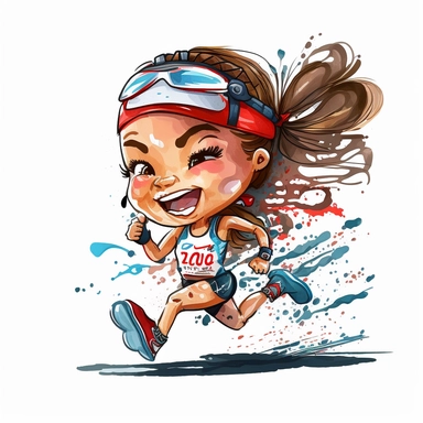 a watercolor painting of chibi Triathlete girl running, wearing a triathlon gear, with athletic outfits, full body, smiling, Sport graphics, action clipart, 8k, watercolor, light colors, isolated on white background, 3d