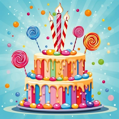 Create a clipart image of a birthday cake with a whimsical theme. Incorporate elements like candy, lollipops, and colorful fondant decorations.
