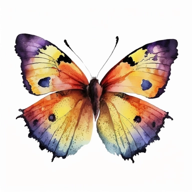 watercolor butterfly clipart, flying butterly, red, yellow, bright colors, no outlines, white background, no text