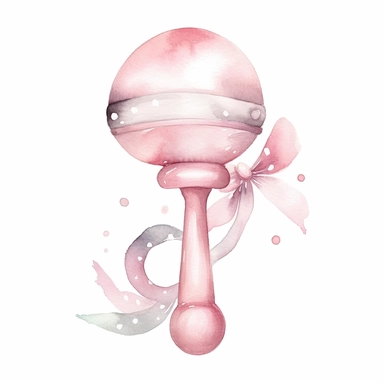 cute watercolor newborn soft pink baby rattle, watercolor effect, isolated white background, babyshower clipart, soft pink tones