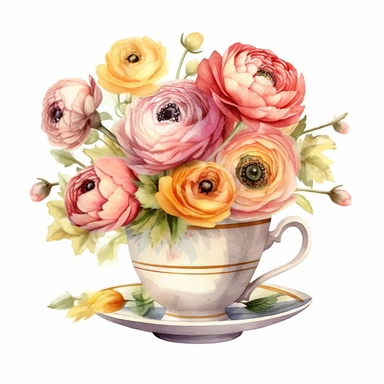 stacked tea cup clipart with ranunculus flowers by mandy disher, watercolor illustration, clean background