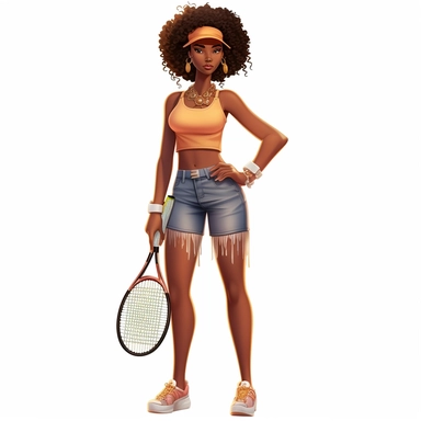 full body clipart dark skinned black woman tank top and blue jean shorts big curly shiny afro with head band gold earrings handson her hips tennis outfit with tennis racket