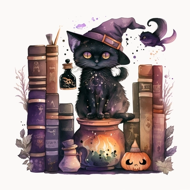 Watercolour cute black witches cat, wearing a witch hat, clipart. The cat is sitting on a bookshelf, surrounded by books and potions. Its fur is a mix of black and orange shades, and its eyes are looking directly at the viewer. The witch hat has a purple ribbon, and the cat is holding a feather quill in its paw. The bookshelf is in a dark, candlelit room, with cobwebs and a cauldron in the corner. The books have titles like The Art of Witchcraft and Magical Potions and Spells. The potions on the