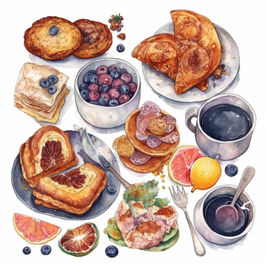 breakfast food objects isolated on white background, watercolor Clipart Collection, high quality intricate detailed illustrations in naive drawing style, delicate pencil texture, dotted texture, intense vivid colors, burnt sienna and indigo, panasonic lumix s pro 50mm f/ 1. 4, rough clusters, strong use of contrast