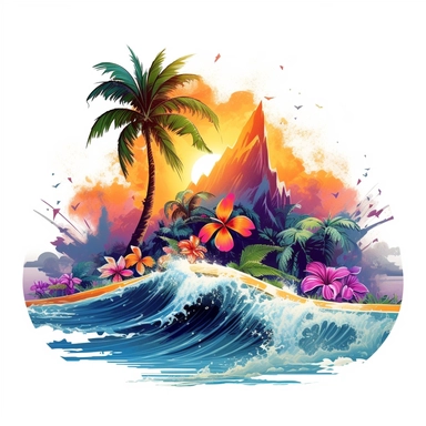 artwork majestic palm tree in digital painting style, beautiful flowers, sunrise mountains and clouds, big sea waves, water splashes, white background, colorful fantasy flower surround, highly detailed clean, vector image, photorealistic masterpiece, professional photography, realistic, flat white background, isometric, vibrant vector, clipart, illustration, realism, 4k, cinematic, front view, white background, tropical, tropical flowers, flora, beach scene, tropcial scene, tropical island scene