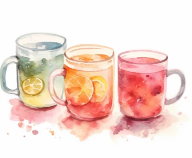 watercolor four Tea clipart, flat style, no volume, few details, washed out, minimalistic style, very lose details, very light colors, transparent colors, light airy hues and pastel tones, spaced out, white background, washed out colors and paint, hand-painted watercolor, watercolor paper with visible rough paper texture, a variety of watercolor brushes, do not cross workspace borders, rough watercolor paper texture on top