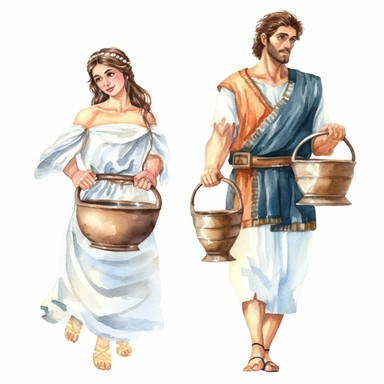 Watercolor well built roman man and woman with white cloths , illustrations clipart set, simple, , cartoon elements, different variants , separate elements with a margin