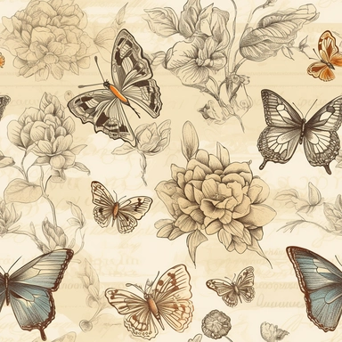 vintage butterfly and flower sketch, ephemera paper design with ornate illustrations, vintage, distressed textures, muted colors, craft paper texture, pen and ink on paper with watercolor washes Watercolor, vector, white background, rice paper texture, clipart, Seamless patterns, repeating patterns design, flat illustration, outlined , Vector, 4K, Art station, highly detailed clean, detailed illustration, 3D vector art, cute and quirky, fantasy art, watercolor effect, bokeh, Adobe Illustrator, h