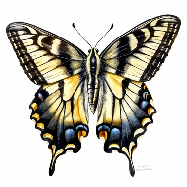 Create clean watercolour clipart of the Tiger Swallowtail butterfly with its distinctive yellow and black striped wings and delicate markings, in HD and vibrant colors on a white background.