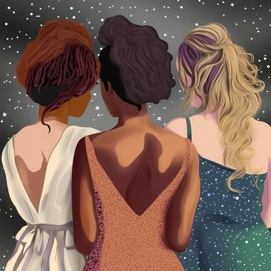 clipart of three adult best friends, friends forever, different ethnicities, party girls, back facing, glam fashion, illustration, closeup