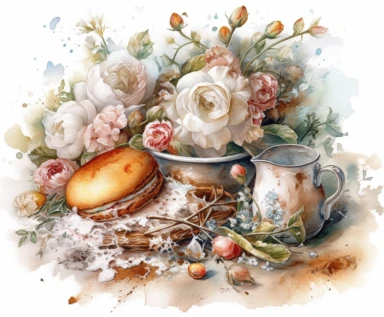 isolated on white illustration watercolor art of a baking ingredients Dough, Flour, Butter, Cinnamon, Milk, Sugar, Eggs, overgrown with white and light pink roses and flowers, covered with snow and ice, a lot of moss and branches, lace and embroidery, masterpiece by Tomasz Alen Kopera style and by Carl Holsoe style and by James C. Christensen style and by Alexander Jansson style, rococo style, PNG clipart, isolated on white, white background, extreme photorealistic details, 32k HD resolution, re