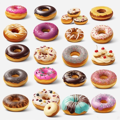 Donut shop clipart, donuts, bagels, white background, hd, spaced out
