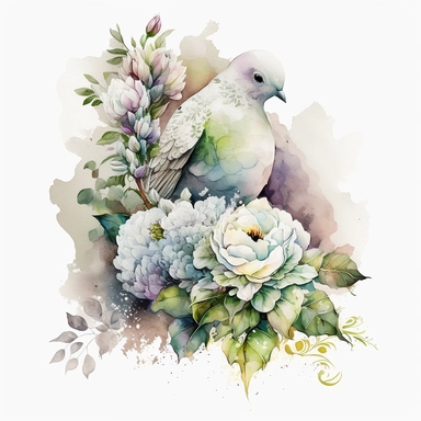 clipart aquarelle watercolor, detailed ans realistic, white background. beautiful flower tribute in white color, white theme, Bouquet for funeral, loss, sorry, with additions like sash ribbon, white dove