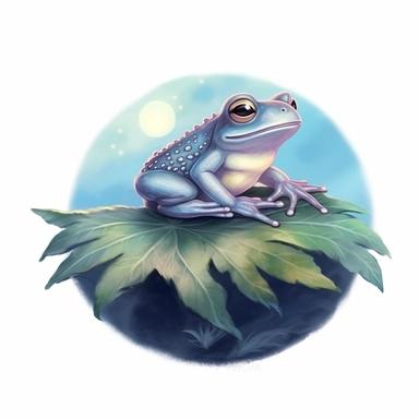 ethereal mystic cute frog, perched on a lotus leaf, the moon in background, PNG image isolated on a white background, soft gouache style, clipart style, by Amanda Clarke and Laine Bachmann and Nicoletta Ceccoli