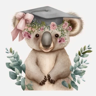 a cute little watercolour Koala Bear kindergarten graduate, nursery graduation, graduation hat, graduation celebration, wearing a graduation hat, pink flowers, Clipart, isolated white background