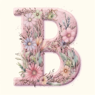 watercolour art,vector,Letter M formed from flowers, in times new roman font, detailed, pastel pink and pale colours, art for children's book, flat, clipart, transparent background