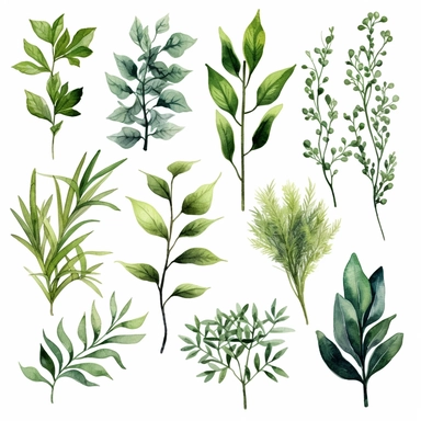 watercolor, Collection of greenery leaf plant forest herbs tropical leaves spring flora in watercolor style. Vector botanical decorative illustration for wedding invitation card png Full body realistic cartoon in 32K UHD cute. 15 cm thick outline. Black color. There was no shadow on the ground. 8k with realistic watercolors and detailed illustrations. PNG clipart, transparent white background