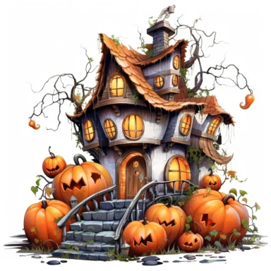 simple fairy Halloween house, pumpkin, horror, clipart, complex, highly detailed, signature design, on white background